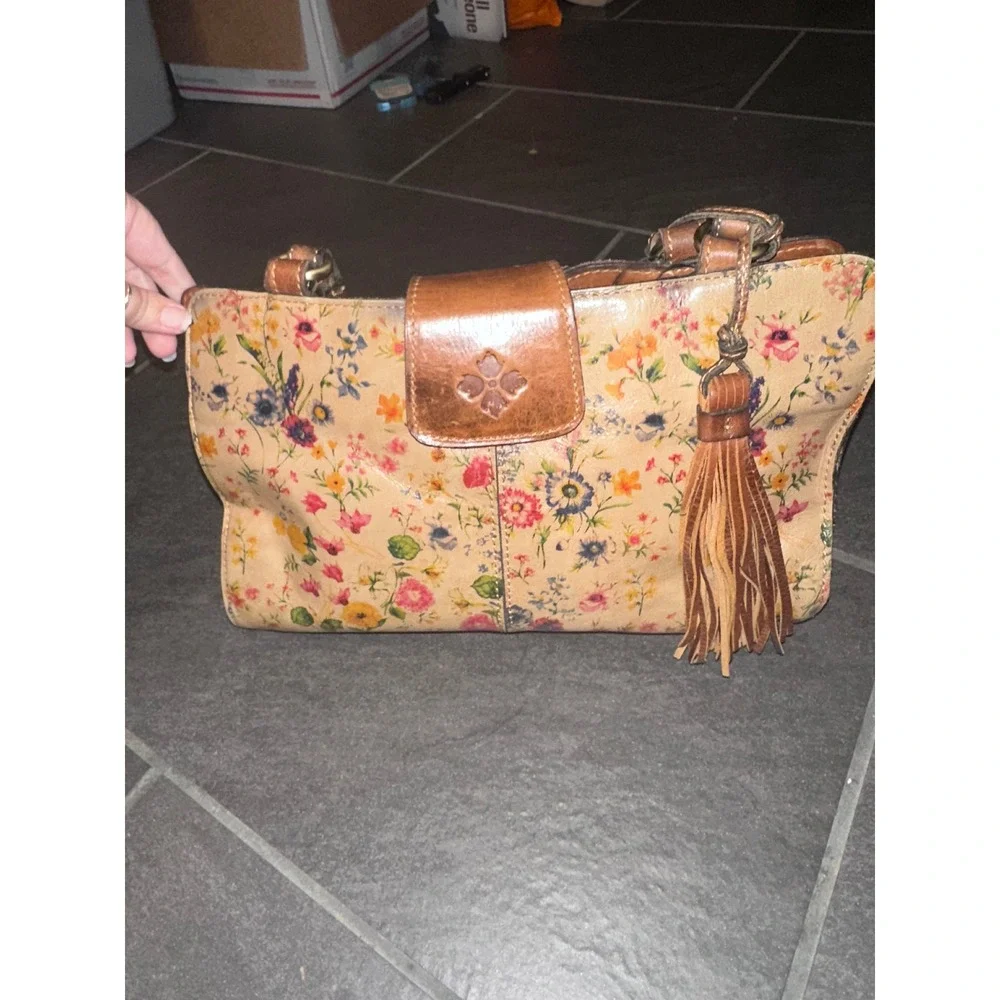 Patricia Nash Floral Leather‎ Satchel Handbag Tan Multi Tassel Braided Handle